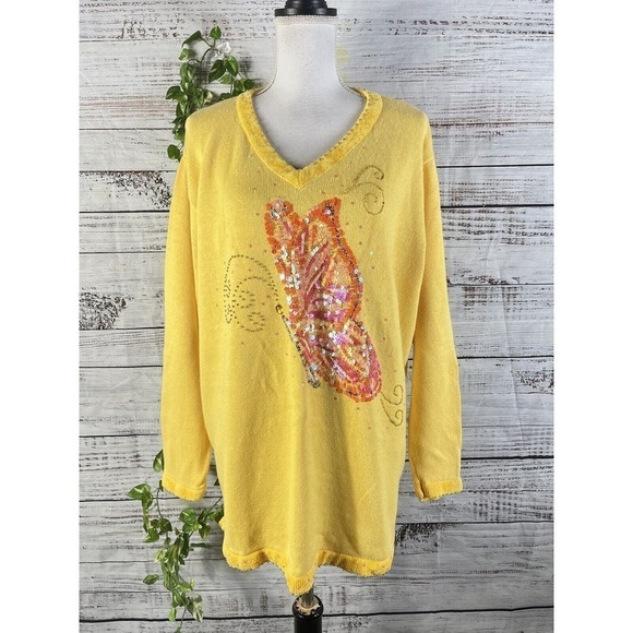 The Quacker Factory Sweater Plus size 1X Yellow Butterfly Sequins Beads Summer - Picture 2 of 15